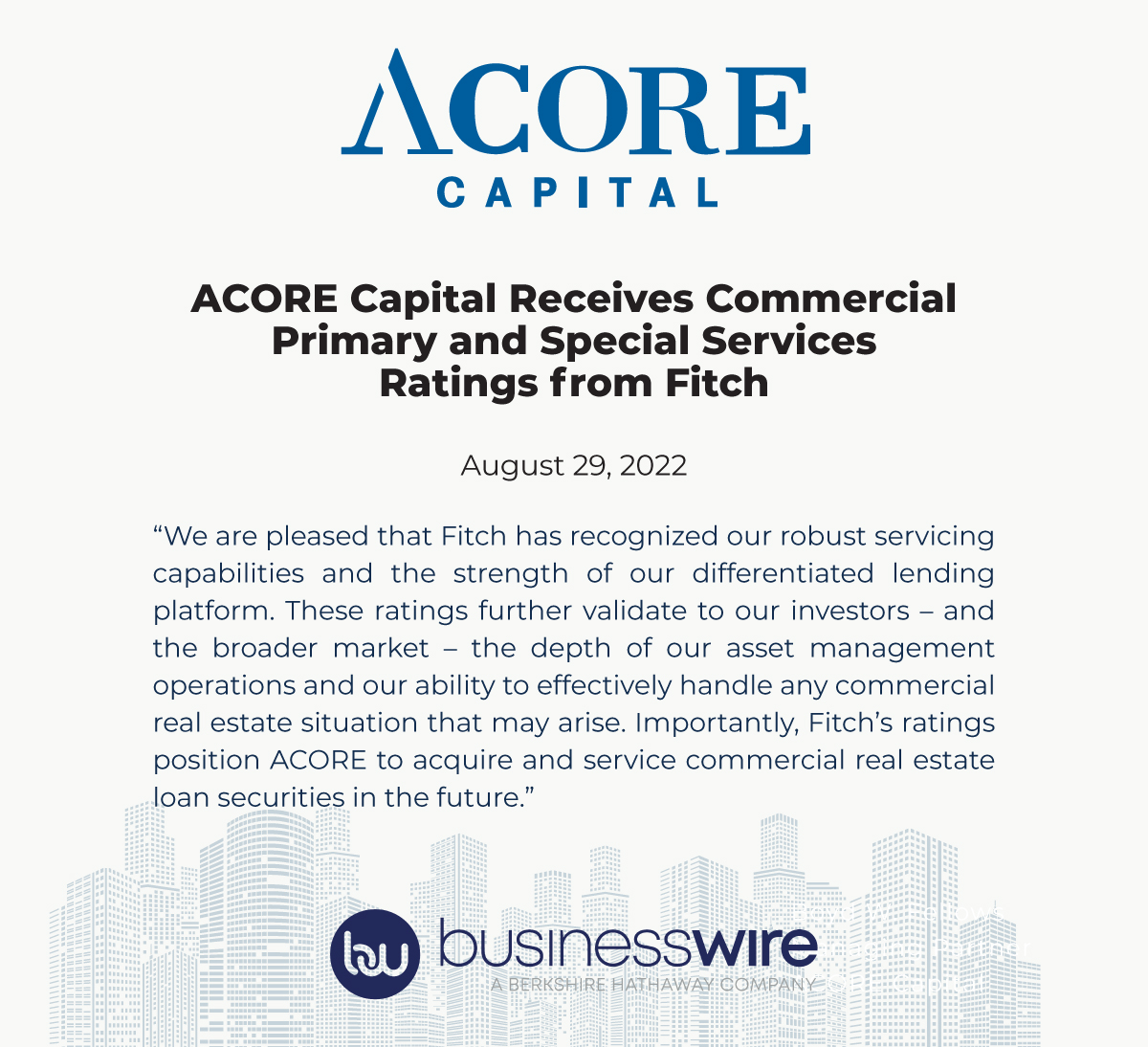 ACORE Capital Receives Commercial Primary and Special Servicer Ratings from Fitch