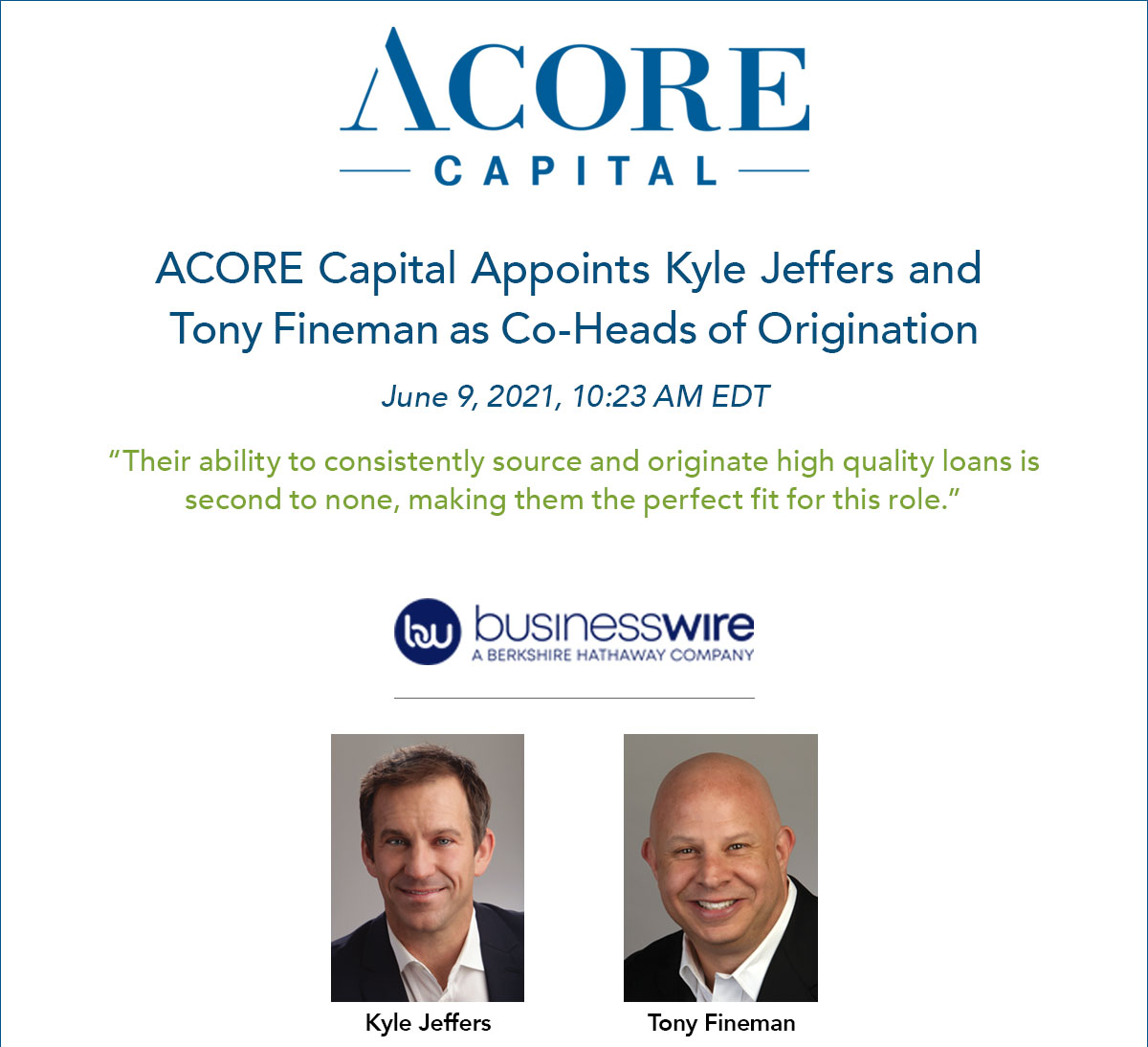 ACORE Capital Appoints Kyle Jeffers and Tony Fineman as Co-Heads of Origination